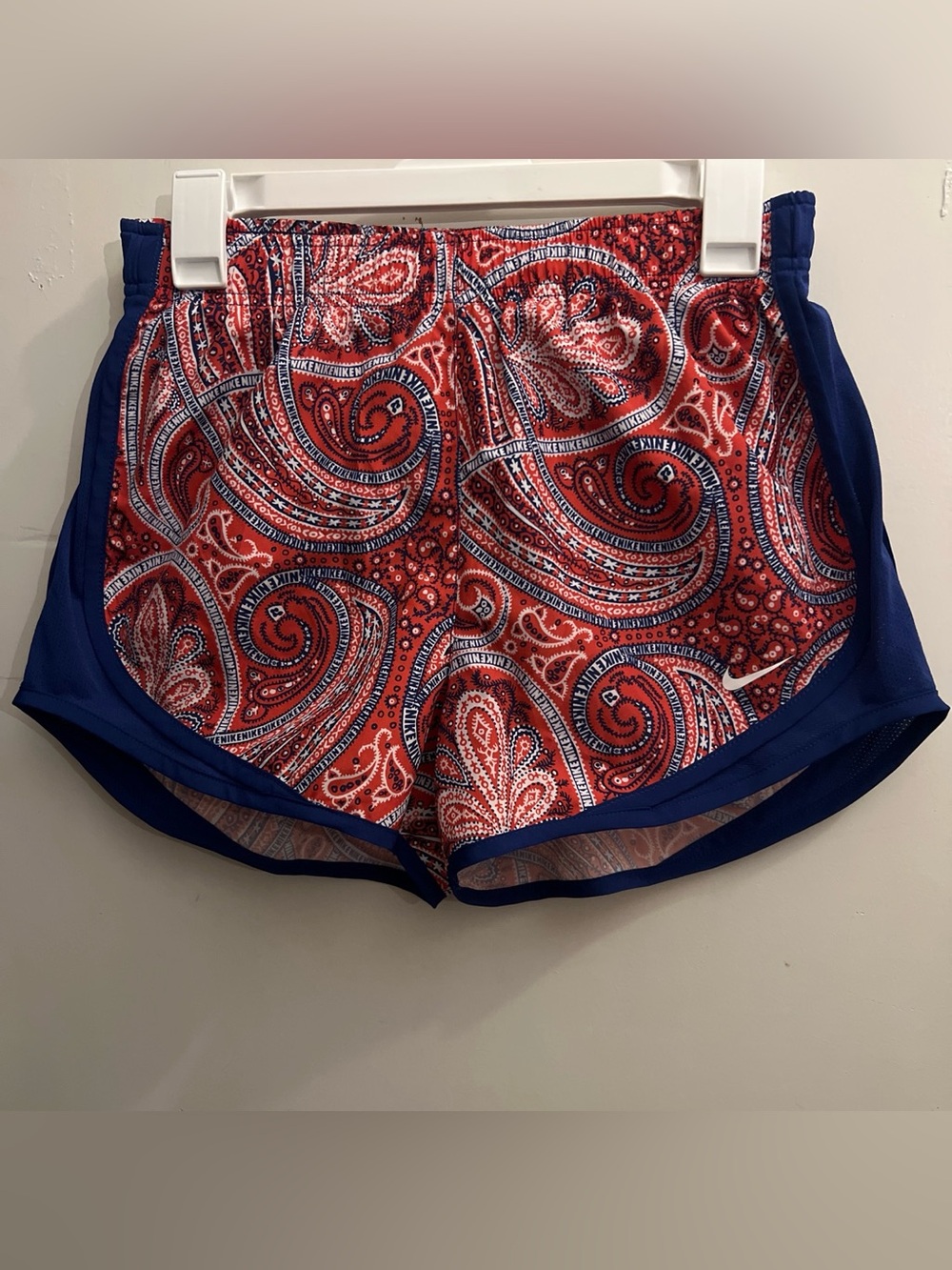 Nike Women's Red Paisley Athletic Shorts with Blue Trim
